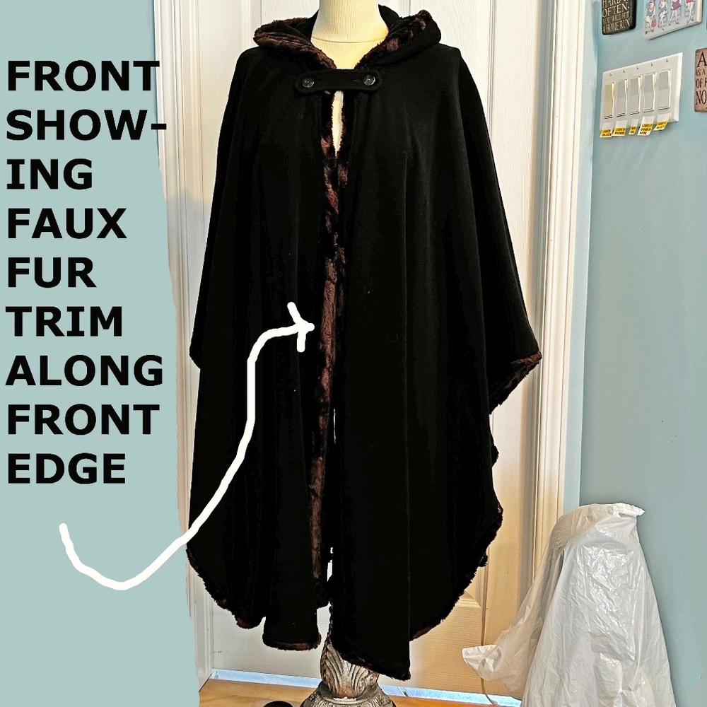 CAPE WITH HOOD, BLACK WITH FAUX FUR IN BROWN/BLACK MIX, MADE IN CANADA, BUTTON